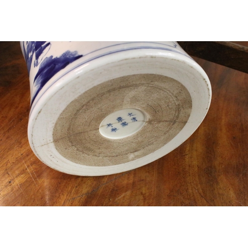 26 - 18th Century Kang Xi period Chinese blue and white brush pot with figural decoration and Chinese six... 