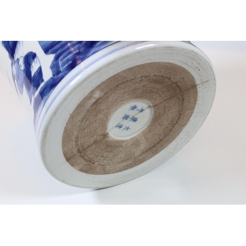 26 - 18th Century Kang Xi period Chinese blue and white brush pot with figural decoration and Chinese six... 