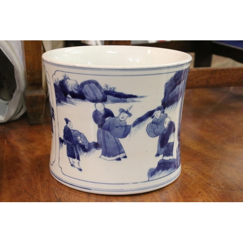 26 - 18th Century Kang Xi period Chinese blue and white brush pot with figural decoration and Chinese six... 