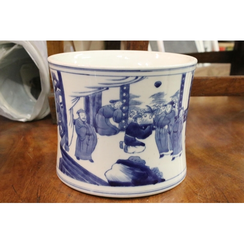 26 - 18th Century Kang Xi period Chinese blue and white brush pot with figural decoration and Chinese six... 