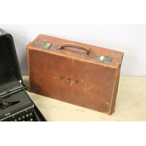 431 - Leather travelling suitcase with initials E.N.T. to top, together with a Royal portable model c type... 