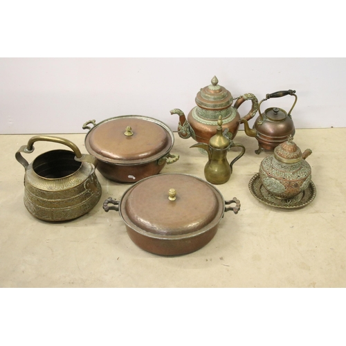 449 - Collection of mixed copper and brassware to include copper Arts & Crafts twin handled pot, 2 x Middl... 