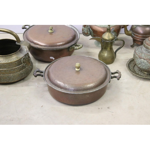 449 - Collection of mixed copper and brassware to include copper Arts & Crafts twin handled pot, 2 x Middl... 
