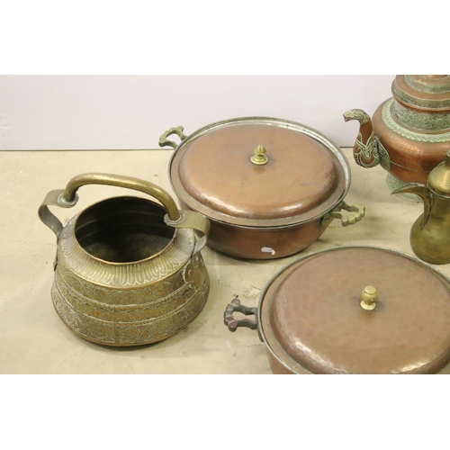 449 - Collection of mixed copper and brassware to include copper Arts & Crafts twin handled pot, 2 x Middl... 