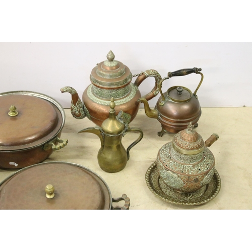 449 - Collection of mixed copper and brassware to include copper Arts & Crafts twin handled pot, 2 x Middl... 