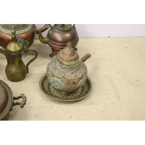 449 - Collection of mixed copper and brassware to include copper Arts & Crafts twin handled pot, 2 x Middl... 