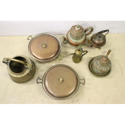 449 - Collection of mixed copper and brassware to include copper Arts & Crafts twin handled pot, 2 x Middl... 