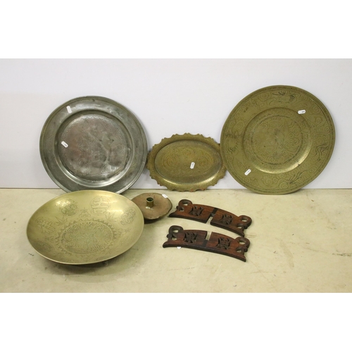 455 - Collection of brass to include a large engraved Chinese bowl, Indian engraved tray, brass candlestic... 