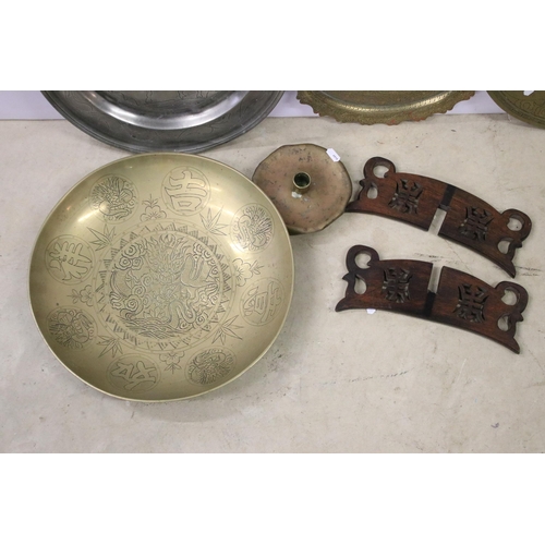 455 - Collection of brass to include a large engraved Chinese bowl, Indian engraved tray, brass candlestic... 