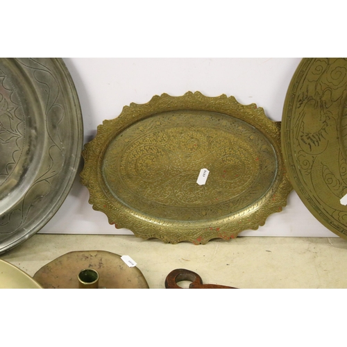 455 - Collection of brass to include a large engraved Chinese bowl, Indian engraved tray, brass candlestic... 