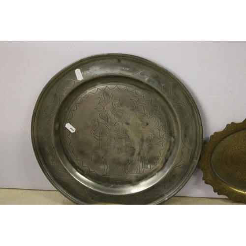 455 - Collection of brass to include a large engraved Chinese bowl, Indian engraved tray, brass candlestic... 