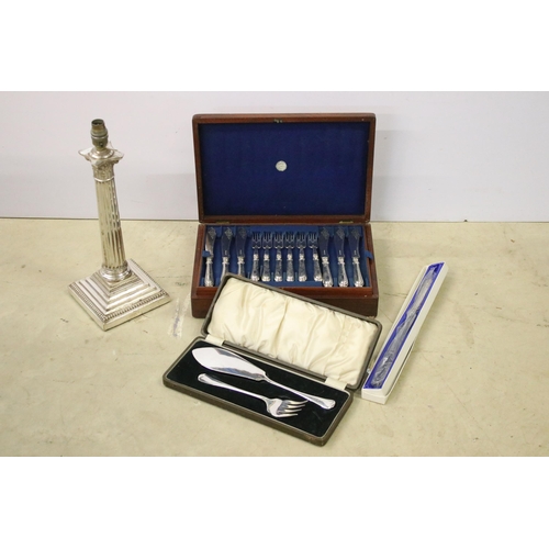 457 - Collection of silver plate to include silver plate column lamp base, cased canteen of cutlery, etc