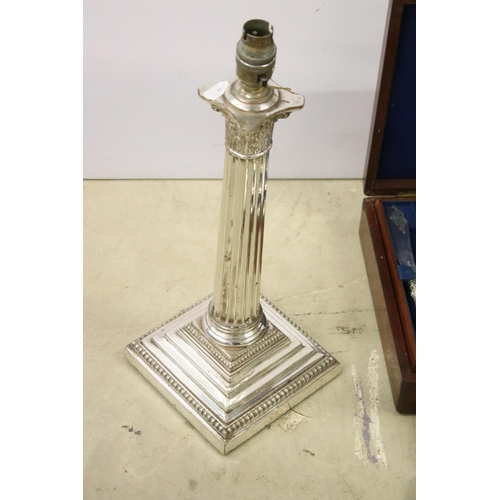 457 - Collection of silver plate to include silver plate column lamp base, cased canteen of cutlery, etc
