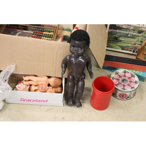 473 - Collection of mixed toys to include rose bud dolls, dominoes, bricks, Waddingtons lexicon, abacus, e... 