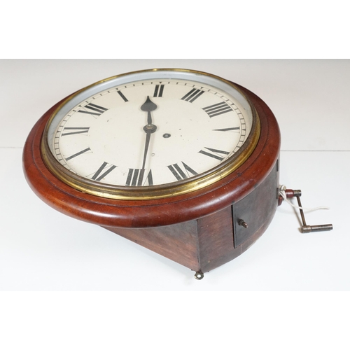 131 - Late 19th Century mahogany cased single train fusee wall clock, with white enamel dial and Roman Num... 