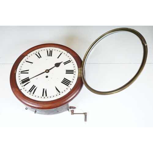 131 - Late 19th Century mahogany cased single train fusee wall clock, with white enamel dial and Roman Num... 