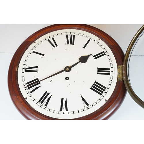 131 - Late 19th Century mahogany cased single train fusee wall clock, with white enamel dial and Roman Num... 