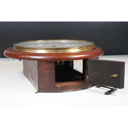 131 - Late 19th Century mahogany cased single train fusee wall clock, with white enamel dial and Roman Num... 