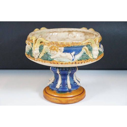 132 - 19th century majolica pedestal bowl, the bowl decorated with horned masks and putti, raised on colum... 