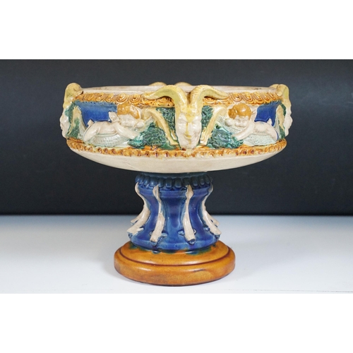 132 - 19th century majolica pedestal bowl, the bowl decorated with horned masks and putti, raised on colum... 