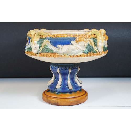 132 - 19th century majolica pedestal bowl, the bowl decorated with horned masks and putti, raised on colum... 