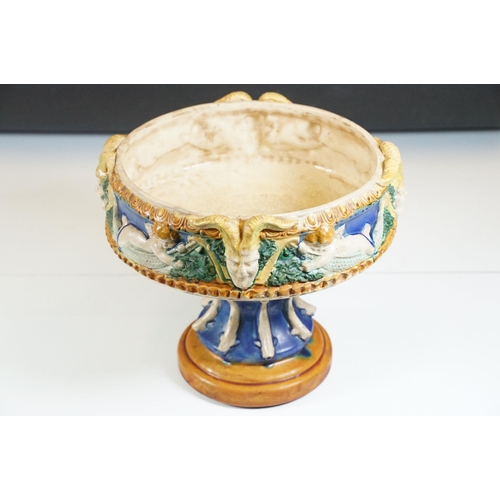 132 - 19th century majolica pedestal bowl, the bowl decorated with horned masks and putti, raised on colum... 