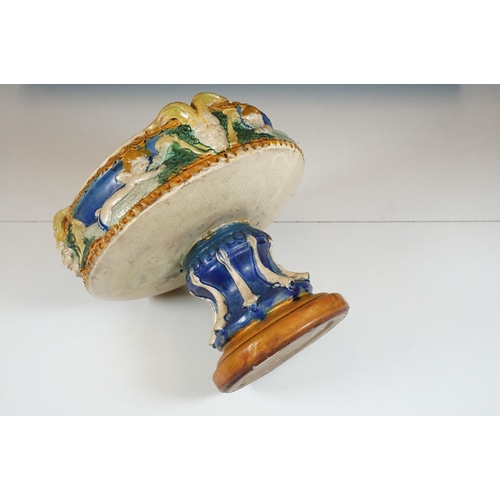 132 - 19th century majolica pedestal bowl, the bowl decorated with horned masks and putti, raised on colum... 