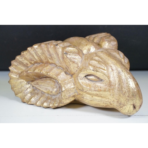136 - Gilt wooden carved model of a rams head, measures 35cm long