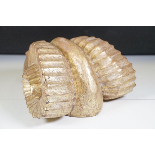 136 - Gilt wooden carved model of a rams head, measures 35cm long