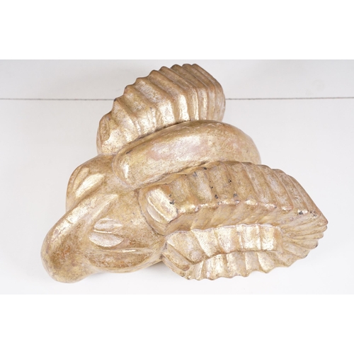 136 - Gilt wooden carved model of a rams head, measures 35cm long