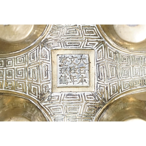 141 - Chinese bronzed lidded censer with dragon and traditional detailing, with twin handles on four legs,... 