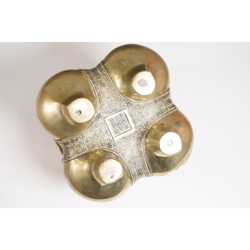 141 - Chinese bronzed lidded censer with dragon and traditional detailing, with twin handles on four legs,... 