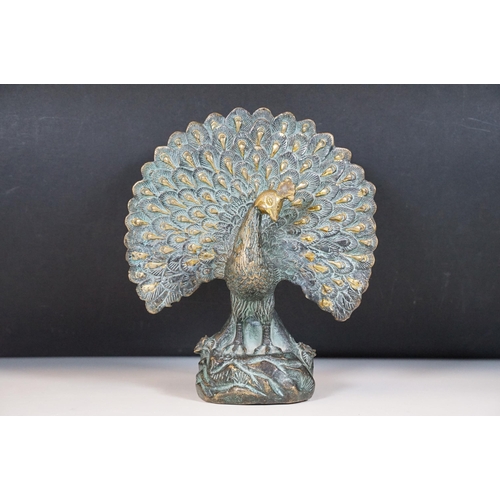 158 - Chinese Bronze model of a peacock with feathers splayed, standing on stylised plinth, with Chinese f... 