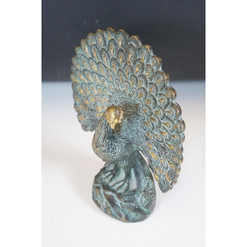 158 - Chinese Bronze model of a peacock with feathers splayed, standing on stylised plinth, with Chinese f... 