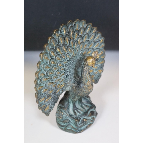 158 - Chinese Bronze model of a peacock with feathers splayed, standing on stylised plinth, with Chinese f... 