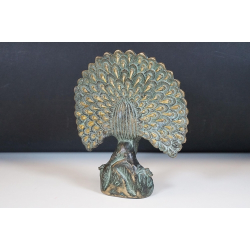 158 - Chinese Bronze model of a peacock with feathers splayed, standing on stylised plinth, with Chinese f... 