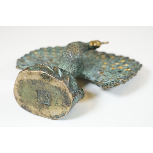 158 - Chinese Bronze model of a peacock with feathers splayed, standing on stylised plinth, with Chinese f... 