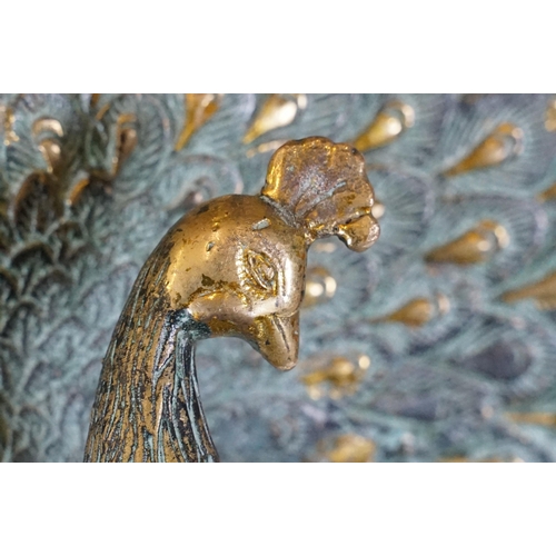 158 - Chinese Bronze model of a peacock with feathers splayed, standing on stylised plinth, with Chinese f... 