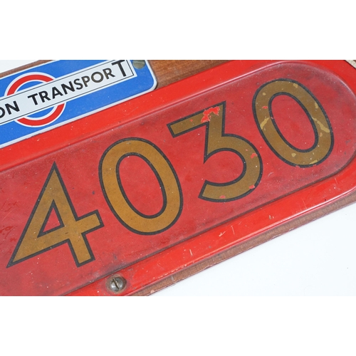 160 - London Transport Routemaster Bus bonnet plate from RT 4030, with London Transport enamel sign, both ... 