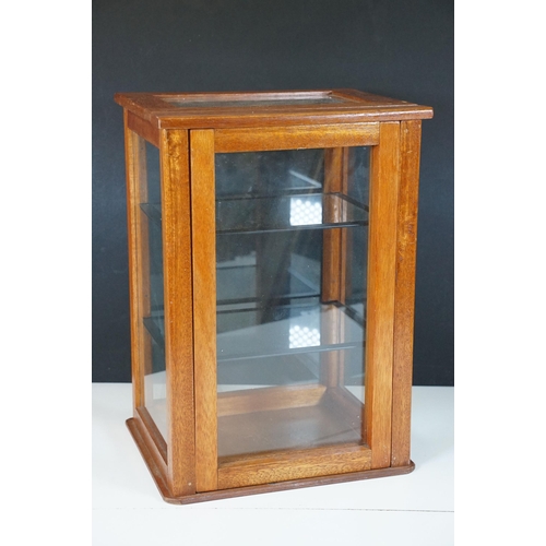 166 - Vintage oak framed table top display cabinet, with glazed top and four sides, slide up door to back ... 