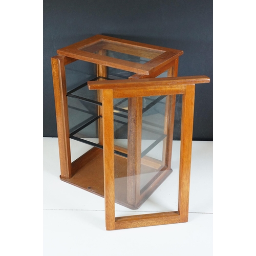 166 - Vintage oak framed table top display cabinet, with glazed top and four sides, slide up door to back ... 
