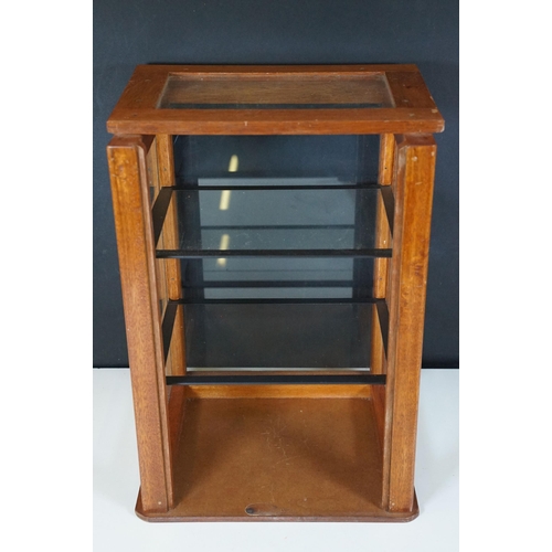 166 - Vintage oak framed table top display cabinet, with glazed top and four sides, slide up door to back ... 