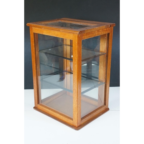 166 - Vintage oak framed table top display cabinet, with glazed top and four sides, slide up door to back ... 