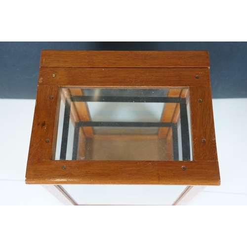 166 - Vintage oak framed table top display cabinet, with glazed top and four sides, slide up door to back ... 