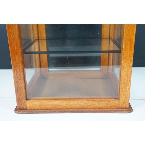 166 - Vintage oak framed table top display cabinet, with glazed top and four sides, slide up door to back ... 