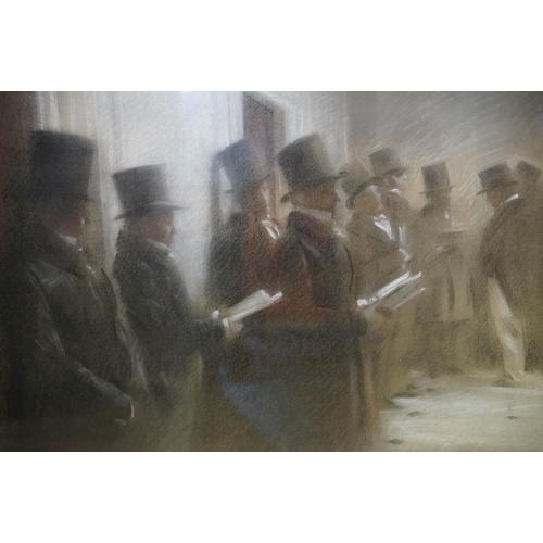 515 - Early 20th century study of a group of gentlemen in top hats waiting, pastel, indistinctly signed lo... 