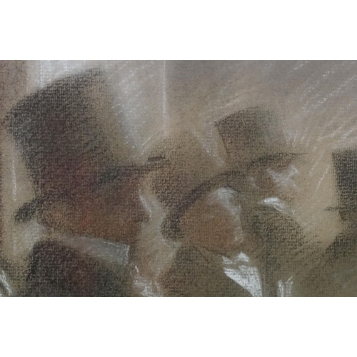 515 - Early 20th century study of a group of gentlemen in top hats waiting, pastel, indistinctly signed lo... 