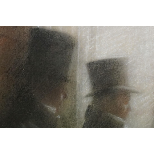 515 - Early 20th century study of a group of gentlemen in top hats waiting, pastel, indistinctly signed lo... 