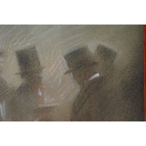 515 - Early 20th century study of a group of gentlemen in top hats waiting, pastel, indistinctly signed lo... 