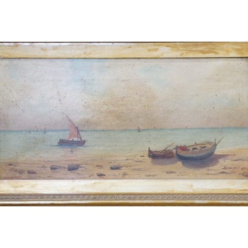 518 - Early 20th century English school, beach scene with boats, oil on canvas, initialled lower left L F ... 